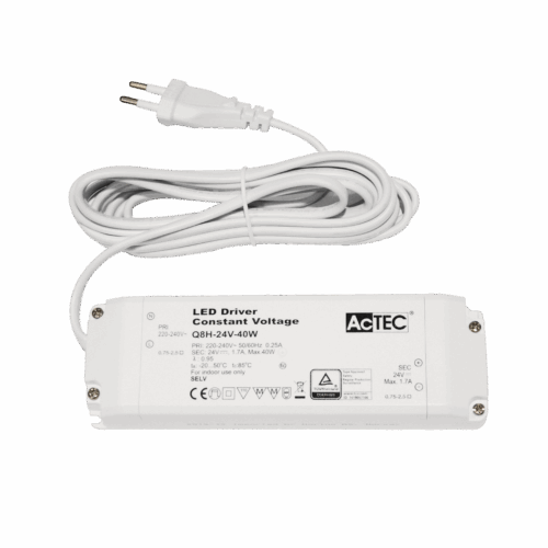 Driver 24V cv 40W IP20 w/3m cable Euro-plug WH 166x52x24mm