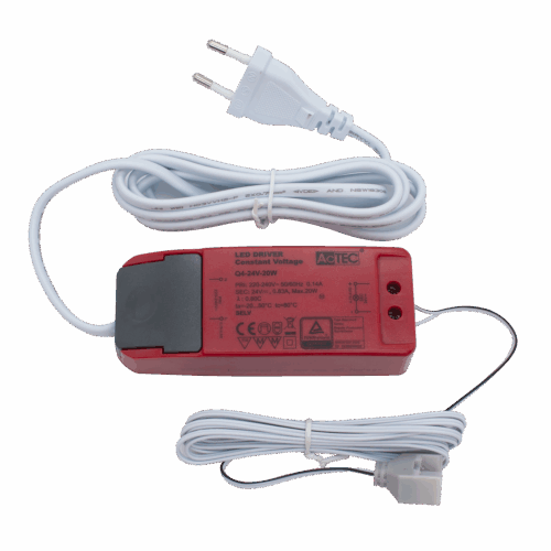 Driver 24V cv 20W IP20 w/1m cable Euro-plug+2m Riva WH