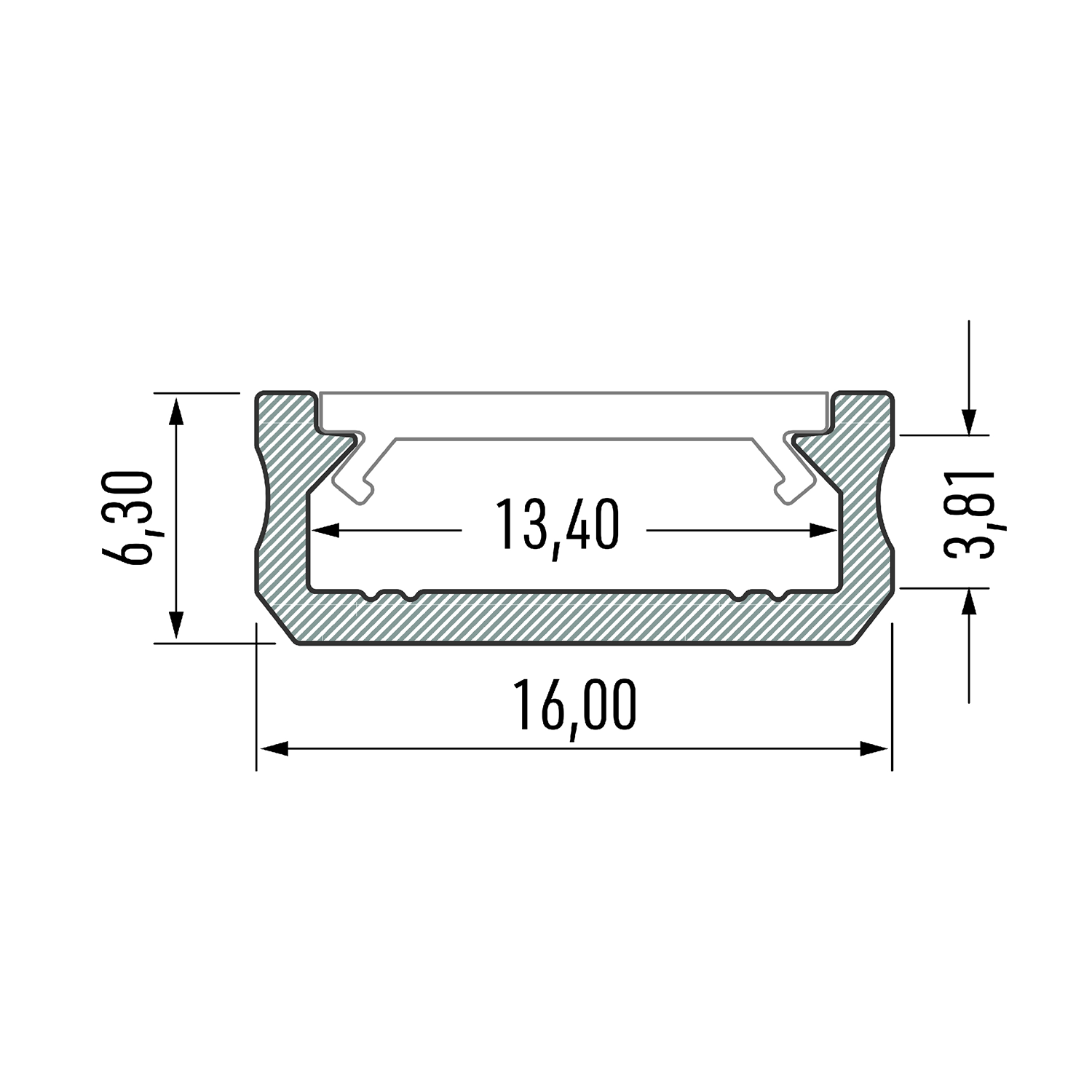 Profile Type D 16x6,3mm Alu 2,02 m inc/end caps, clip
