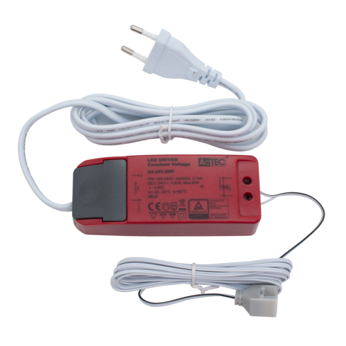 Driver 24V cv 20W IP20 w/1m cable Euro-plug+2m Riva WH