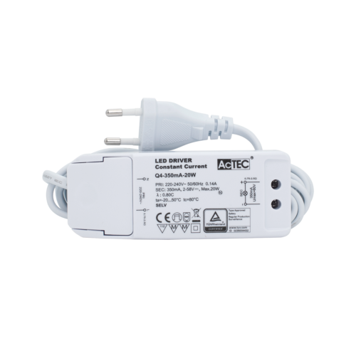 Driver 350mA cc (2-58V) 20W IP20 m/3m kabel Euro-stik WH